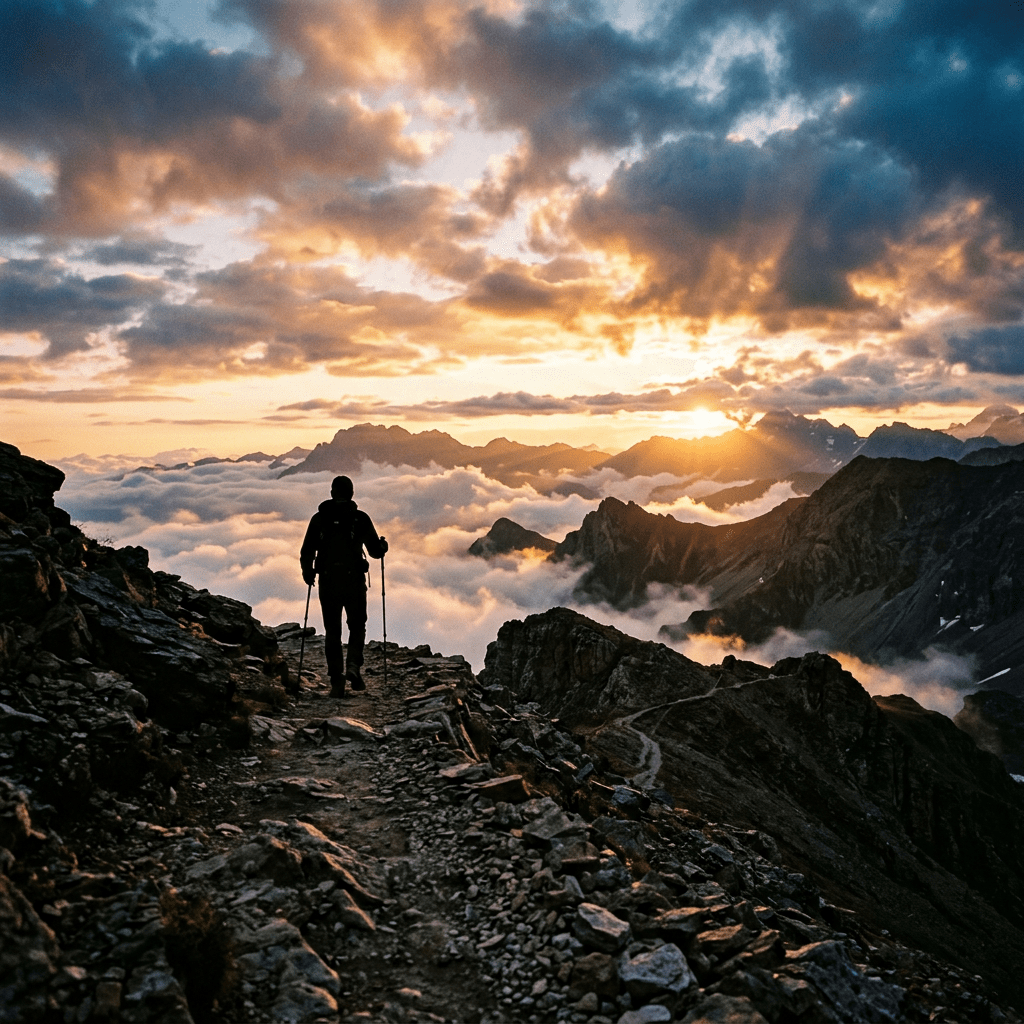 Hiker with trekking poles walking on rocky path above clouds at sunset