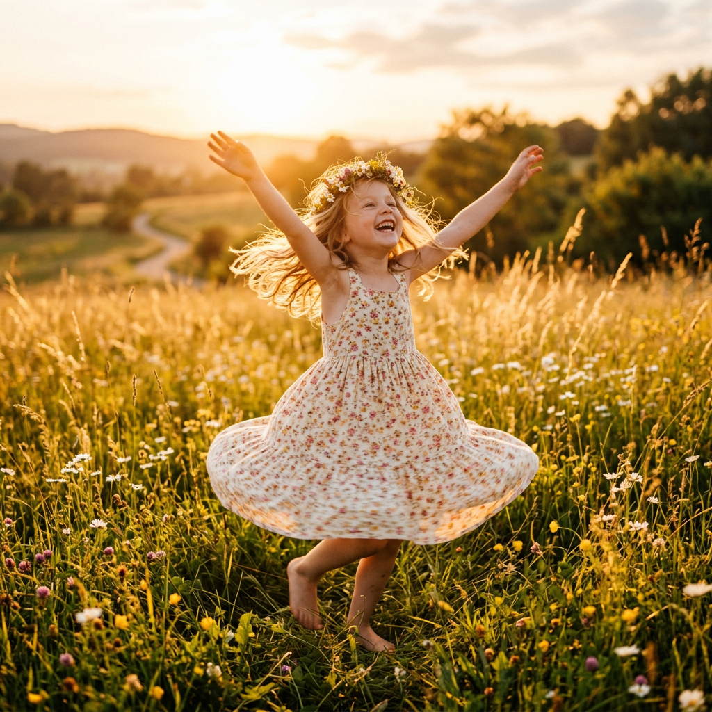 Young girl in floral dress dancing barefoot in wildflower meadow with flower crown