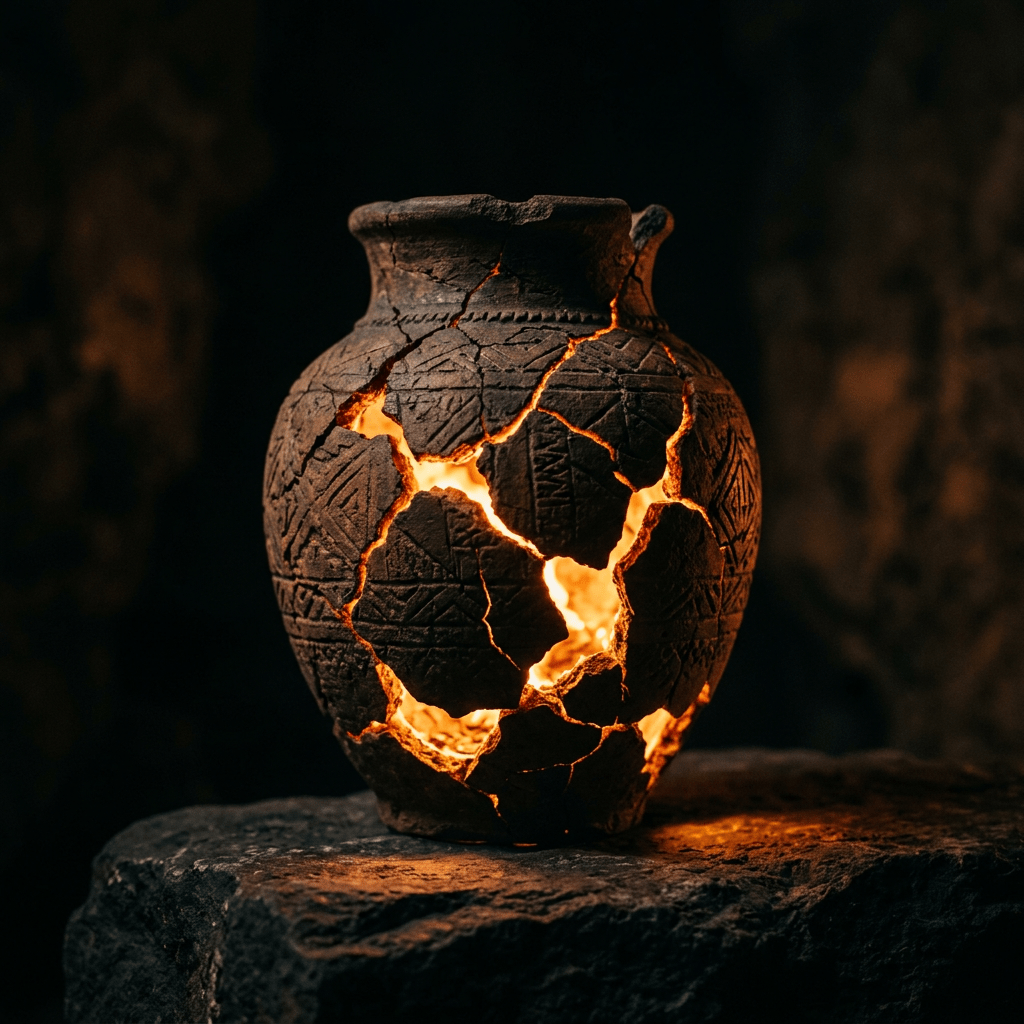 Cracked ancient pottery with warm light shining through the cracks