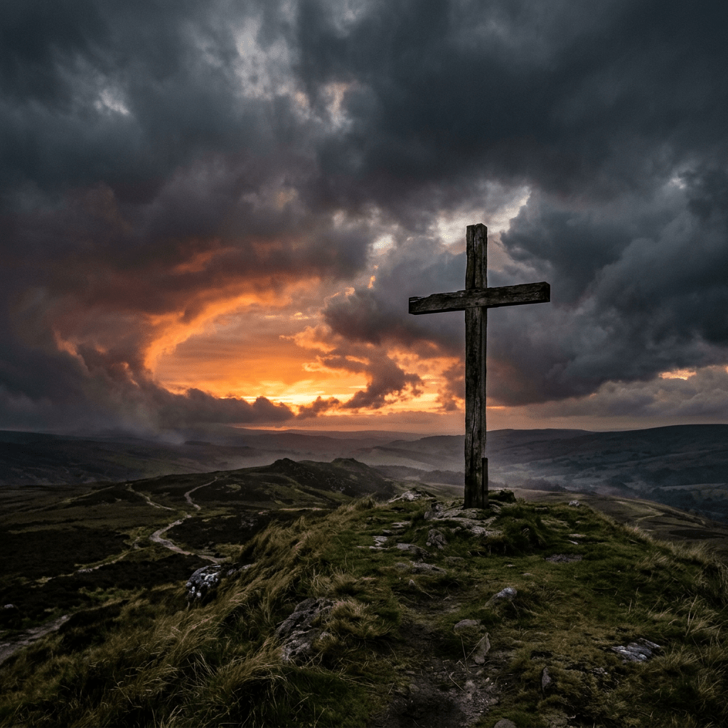 Wooden cross on grassy hill with dark clouds and orange sunset