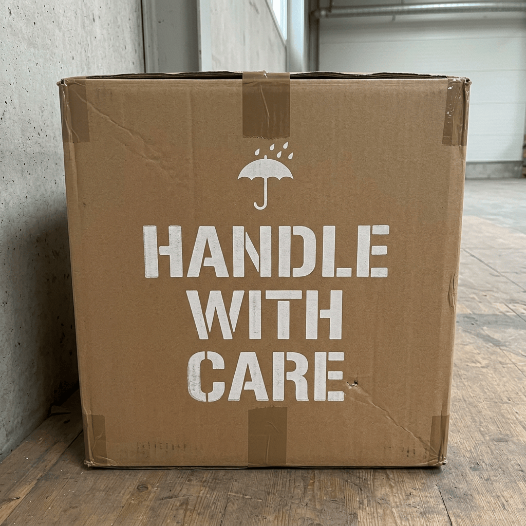 Cardboard box with 'HANDLE WITH CARE' text and umbrella icon